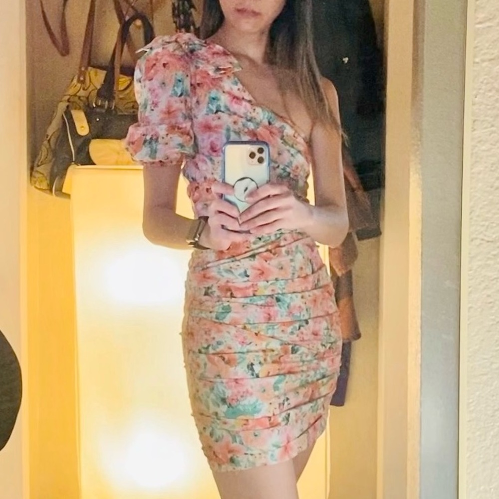 Zara Floral One Sleeve ruched dress